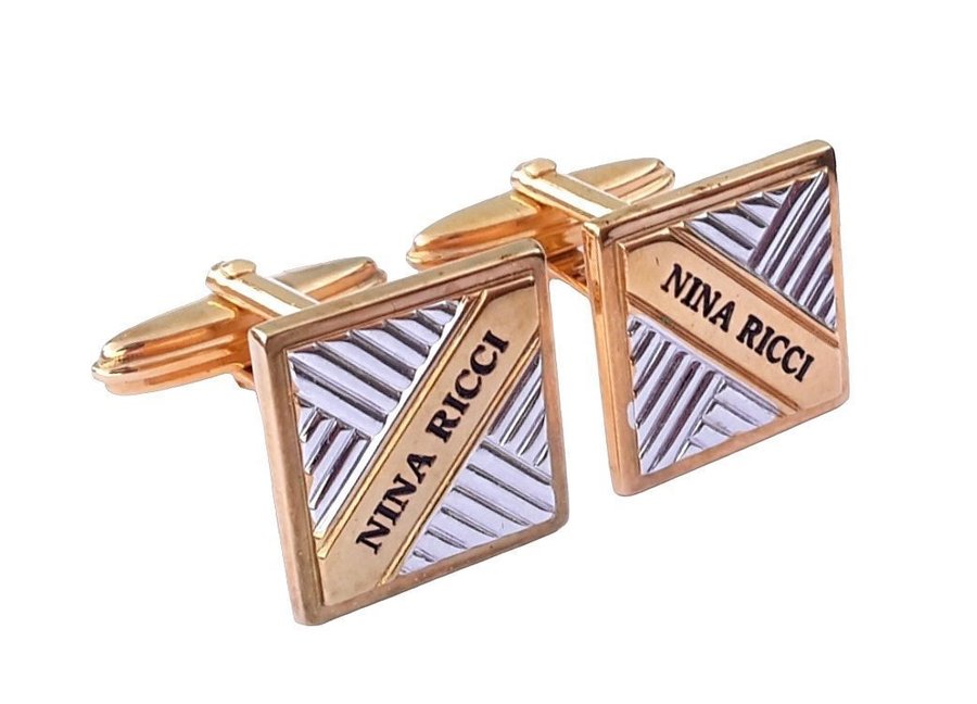 Nina Ricci Cufflinks Gold Plated/SilverPlated Rare Vintage 80s Jewelry + Box