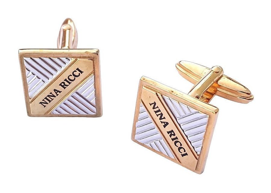 Nina Ricci Cufflinks Gold Plated/SilverPlated Rare Vintage 80s Jewelry + Box