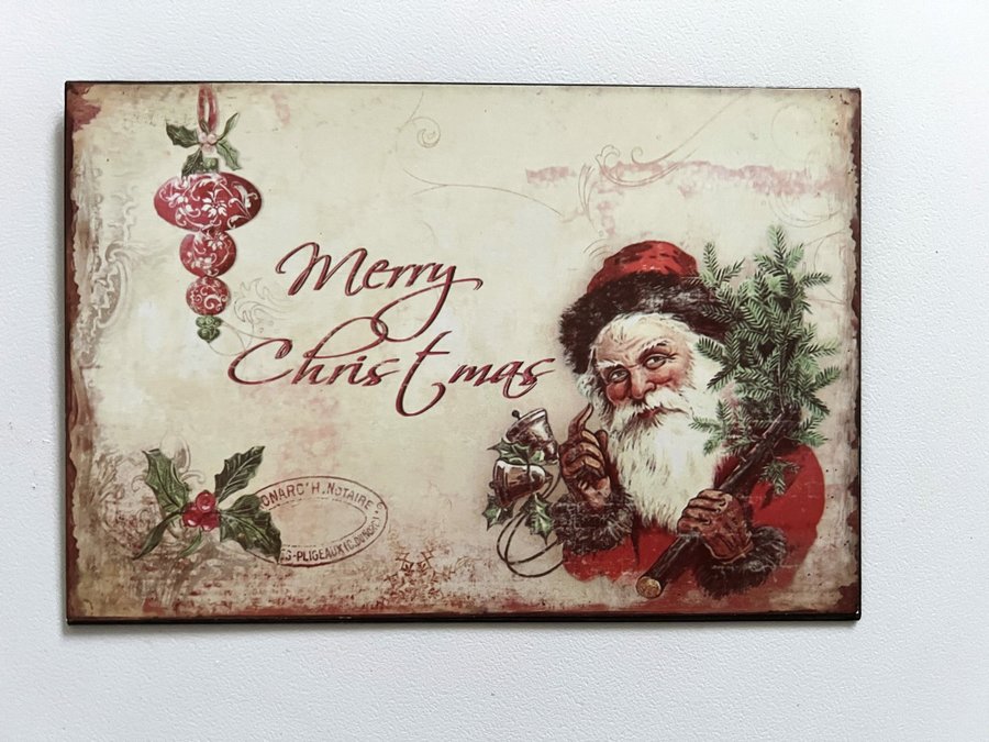 Liten plåtskylt med Santa Claus ~Merry Christmas~motiv, vintage look