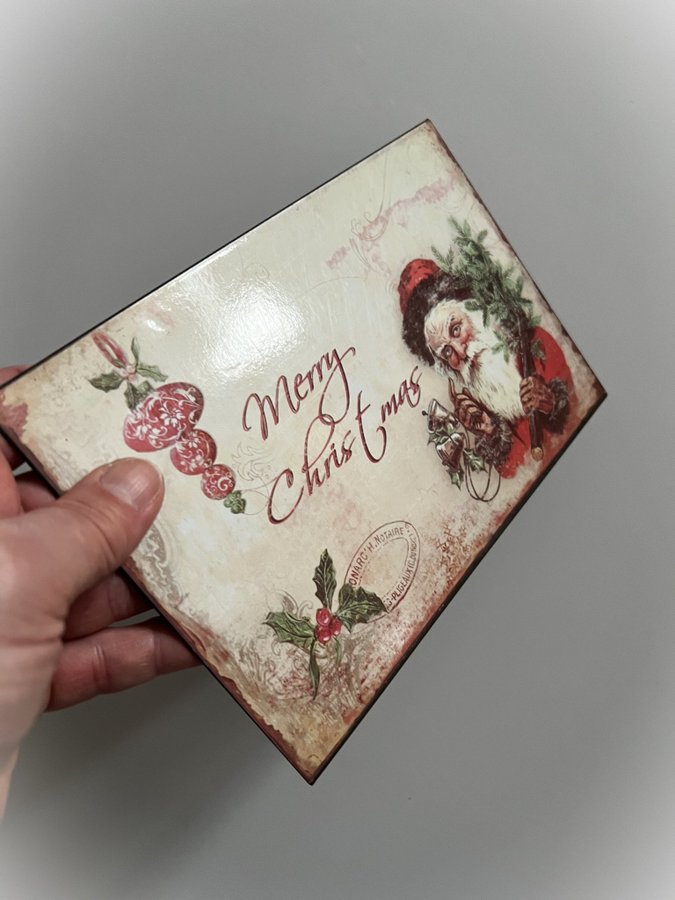 Liten plåtskylt med Santa Claus ~Merry Christmas~motiv, vintage look