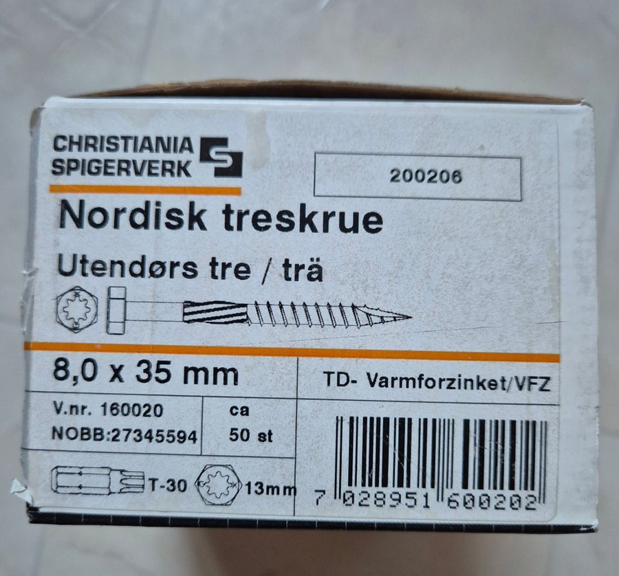 TRÄSKRUV VFZ UTOMHUS 8x35. 50 STYCKEN OBRUTEN FÖRPACKNING