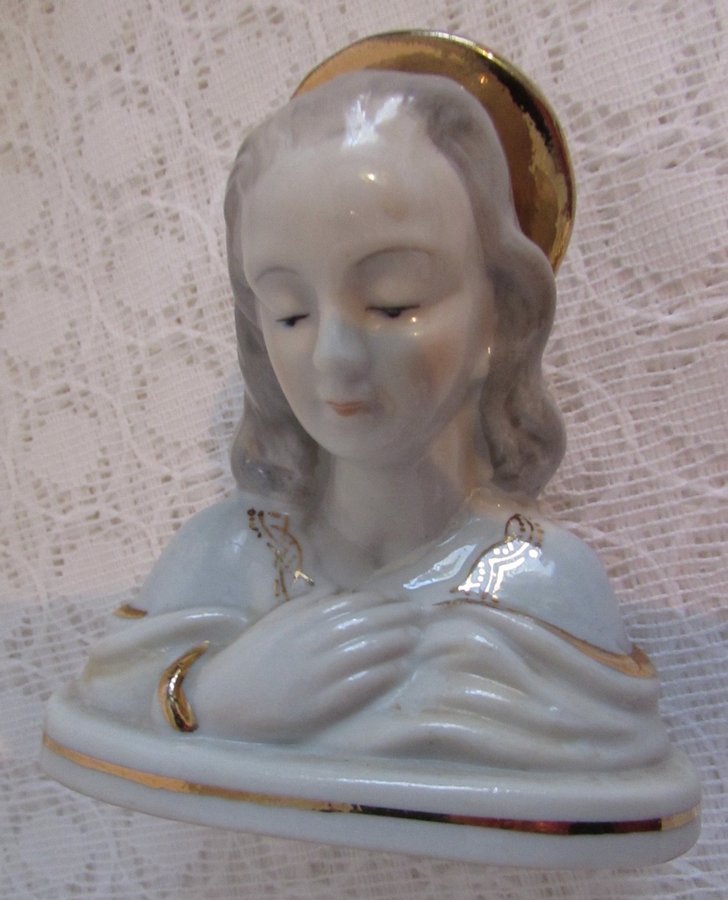 Porslinsfigur av Jungfru Maria? H 10 cm Stämplad Import figurin Madonna gloria