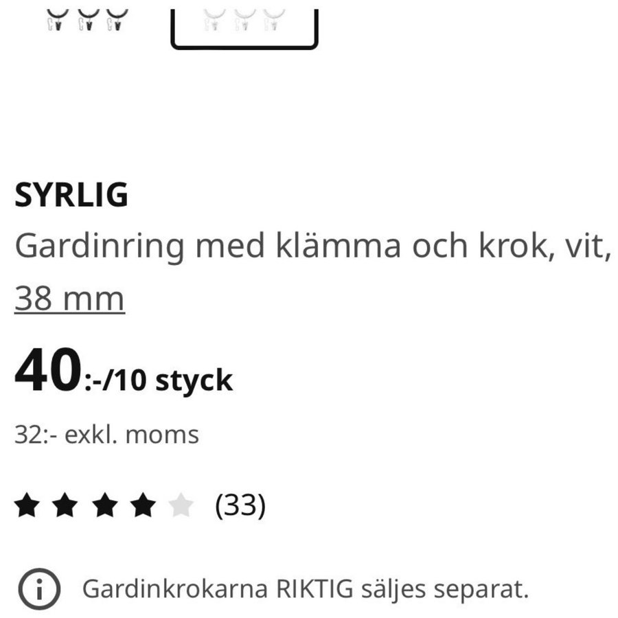 Nya IKEA SYRLIG gardinringar med klämma och krok gardiner upphängning vita 10 st