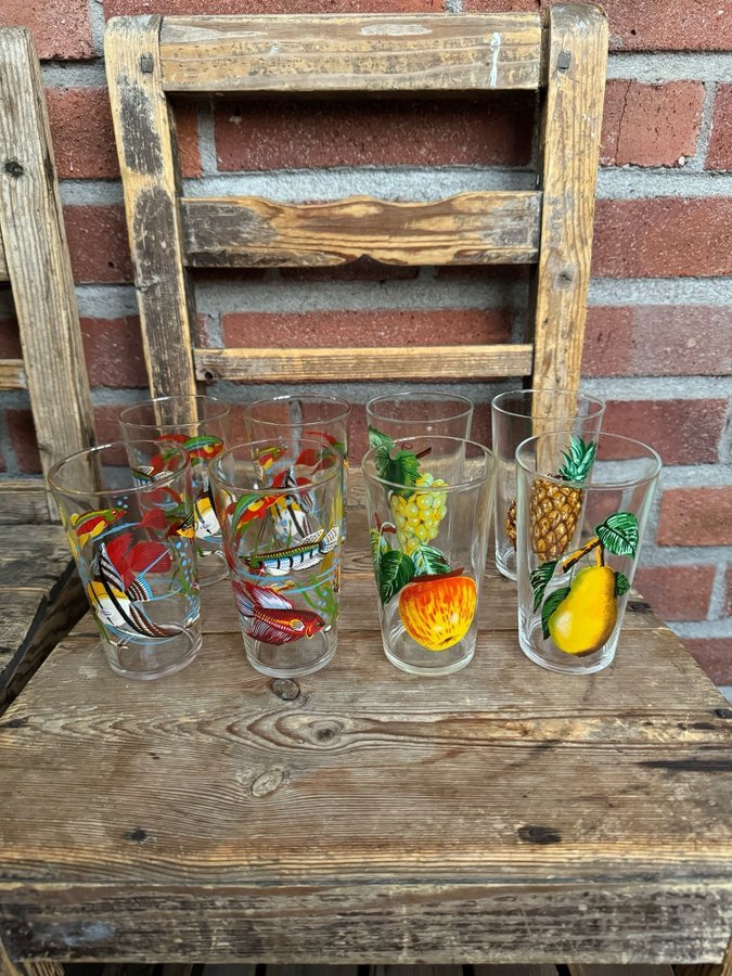 8 Vintage Glas Saftglas Motiv Fiskar Frukter Retro Dricksglas Highball Drinkglas