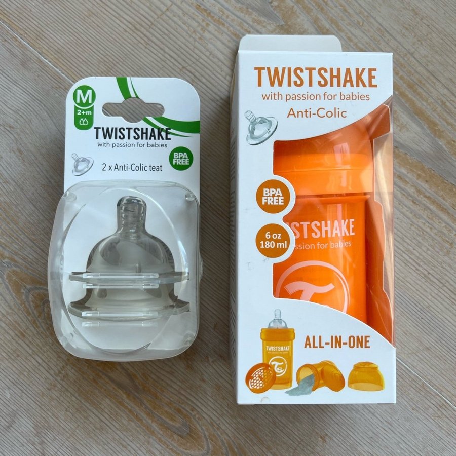 Twistshake - NY Anti-Colic Orange 180 ml + 2 NYA Dinappar strl M