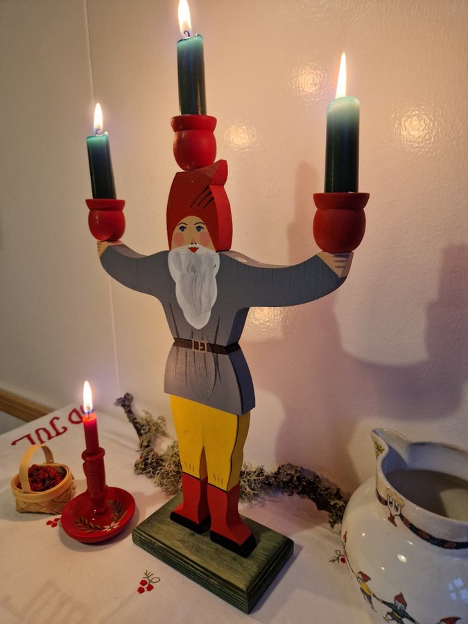 Vintage Jul Ljusstake Tomte i trä