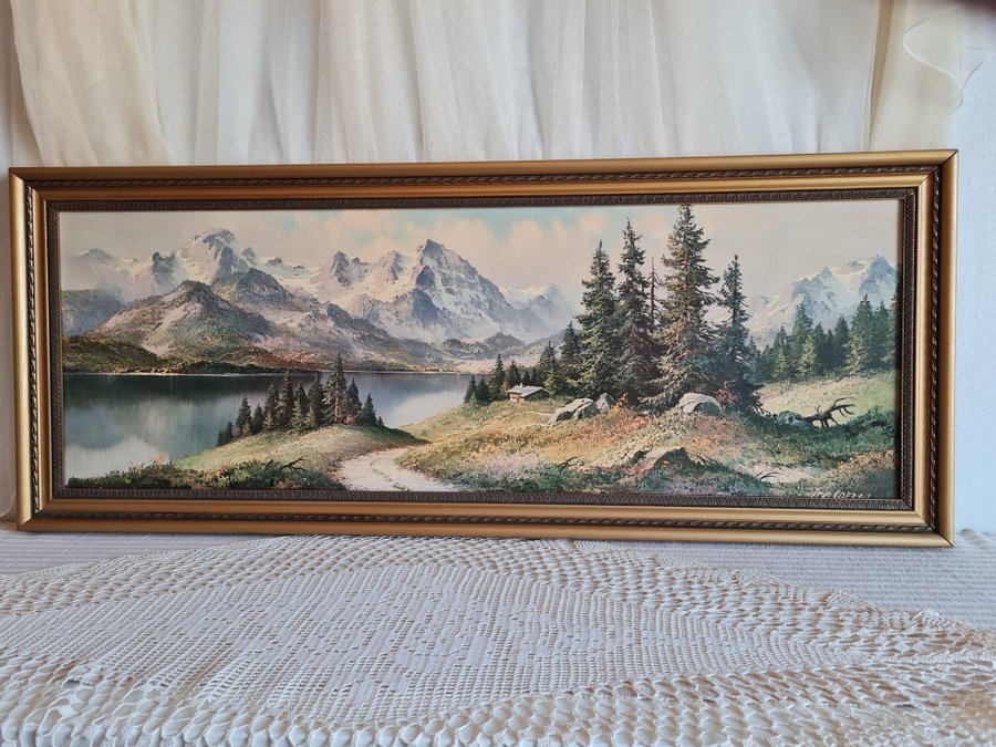 VTG TAVLA ALPLANDSKAP BERGSLANDSKAP INRAMAT TRYCK PÅ PANNÅ SIGNERAD 33.5x99 cm