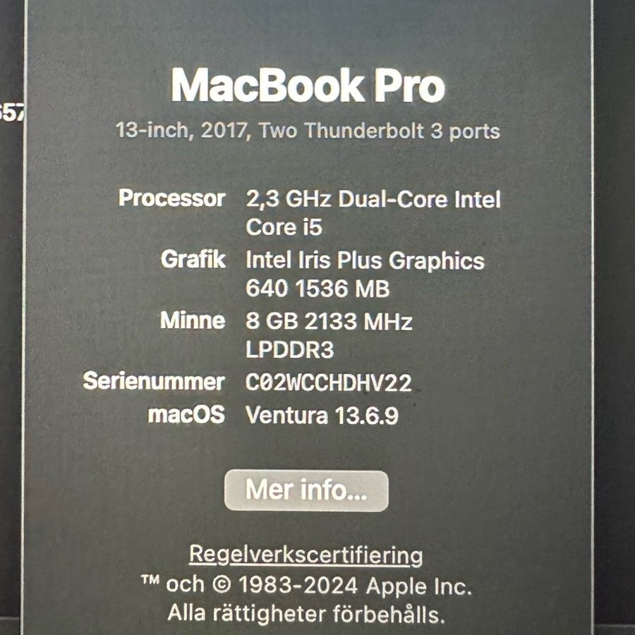 MacBook Pro 13-tums, Mid - 2017 A1708