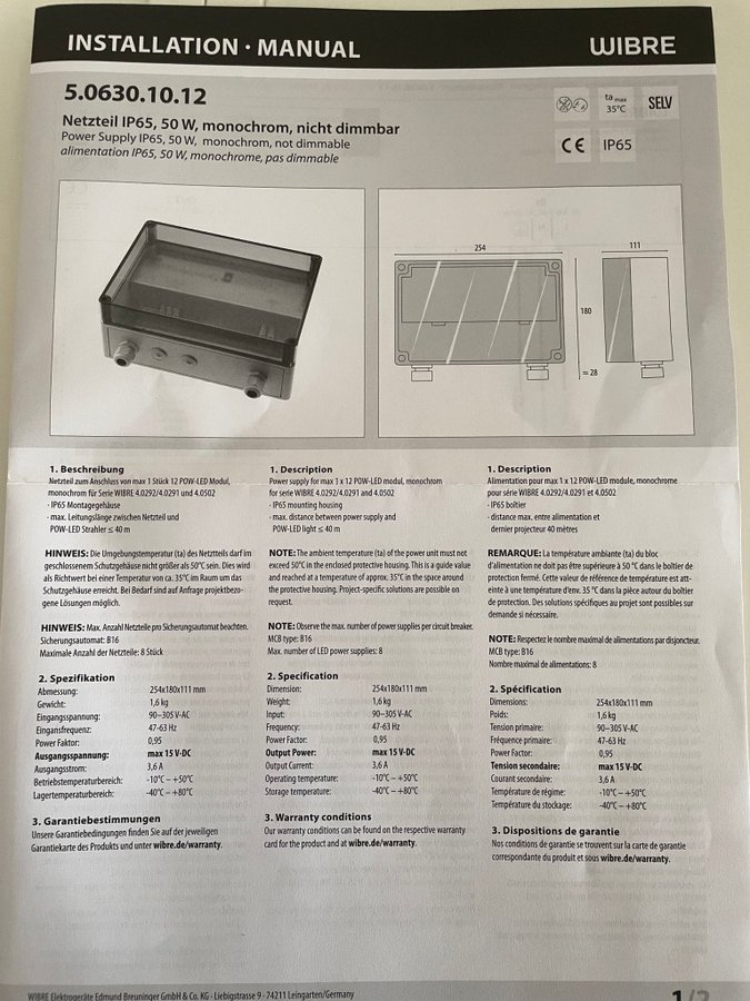 Wibre 5.0630.10.12 Netzteil IP65, 50 W, monochrom, nicht dimmbar