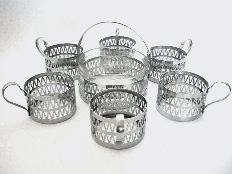 Soviet glass chromed holders Podstakannik with sugar bowl 7 pcs(82)