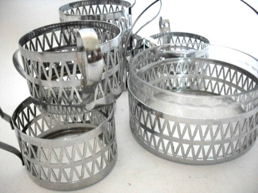 Soviet glass chromed holders Podstakannik with sugar bowl 7 pcs(82)