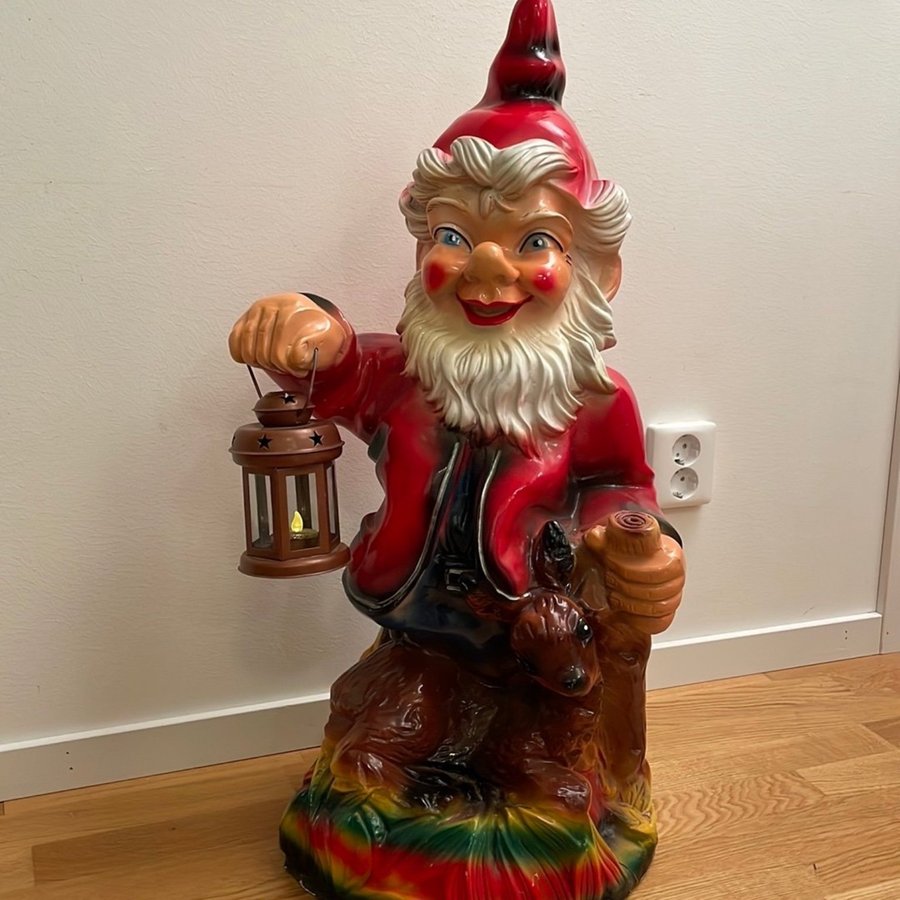 Vintage Stor Tomte med Lykta och Rådjur 77cm Plast