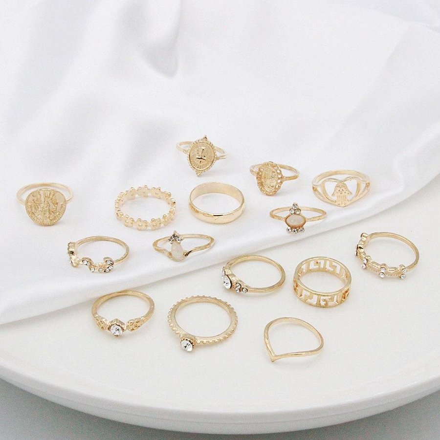 15-pack Boho Guld Ringar -Glittrande Rhinestones  Olika Mönster