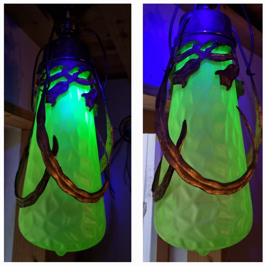 Jugend Art Nouveau taklampa i URANGLAS MÄSSING - lamp Uranium glass