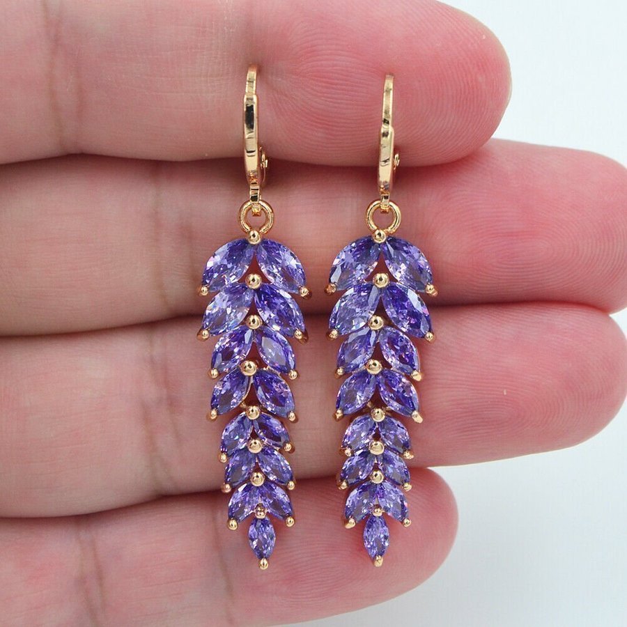 18K Yellow Guldfylld Purple Topaz Leaf Dangle Engagement Earrings Örhängen