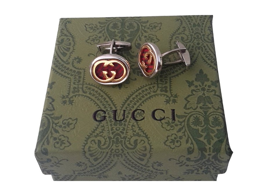 Gucci Cufflinks Gold/Red Bordeaux Gg Logo Vintage 90s Cuff Links + Box and Pouch