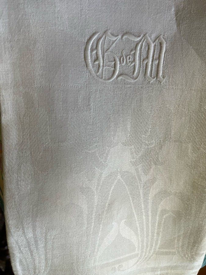 Vintage 6 STORA 57x120cm Linne Handdukar Mönster m klockor HandBroderad Monogram