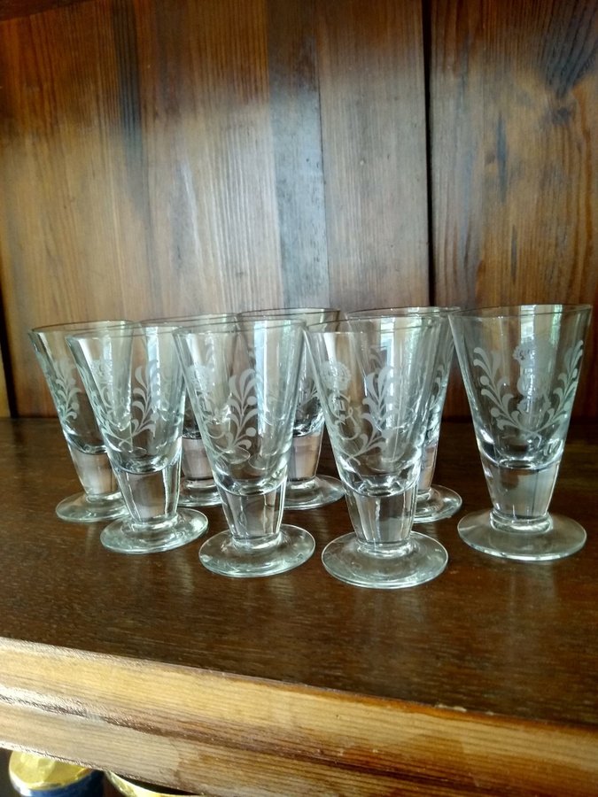 Snapsglas från Reijmyre glasbruk Gustav Iii monogram 8 st