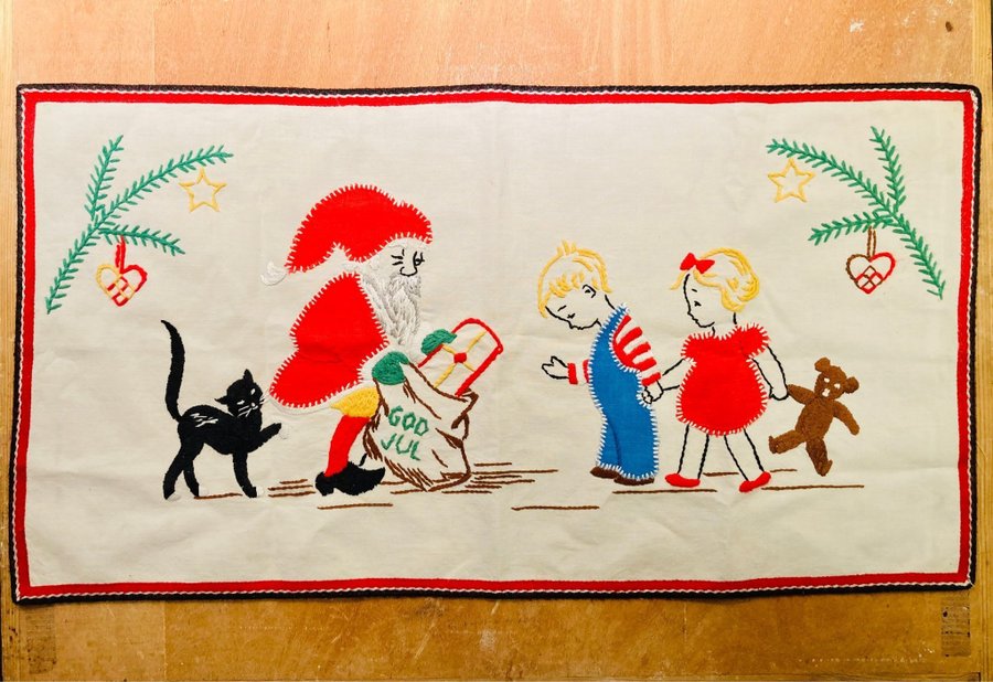 Retro äldre charmig handbroderad julduk duk God Jul