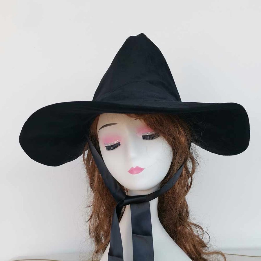 Black Velvet Witch Hat with Star, Wide Brim Halloween Costume Wizard hat