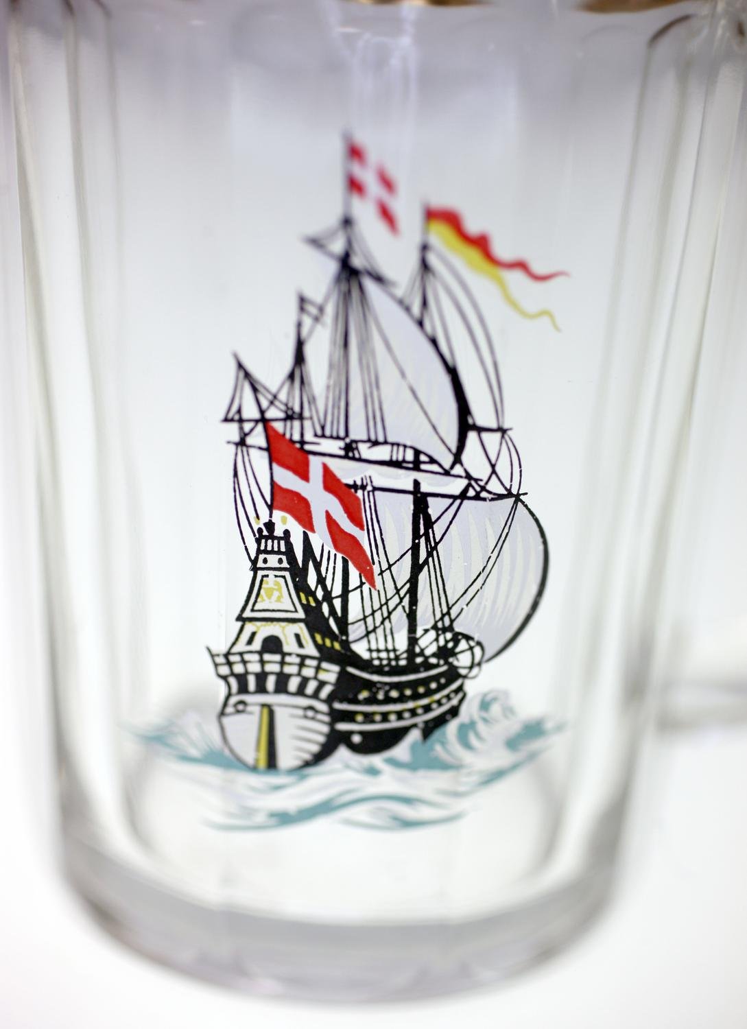 Danish vintage glass tankard-Danish galleon ship detail-circa 1960s-Weight 562g