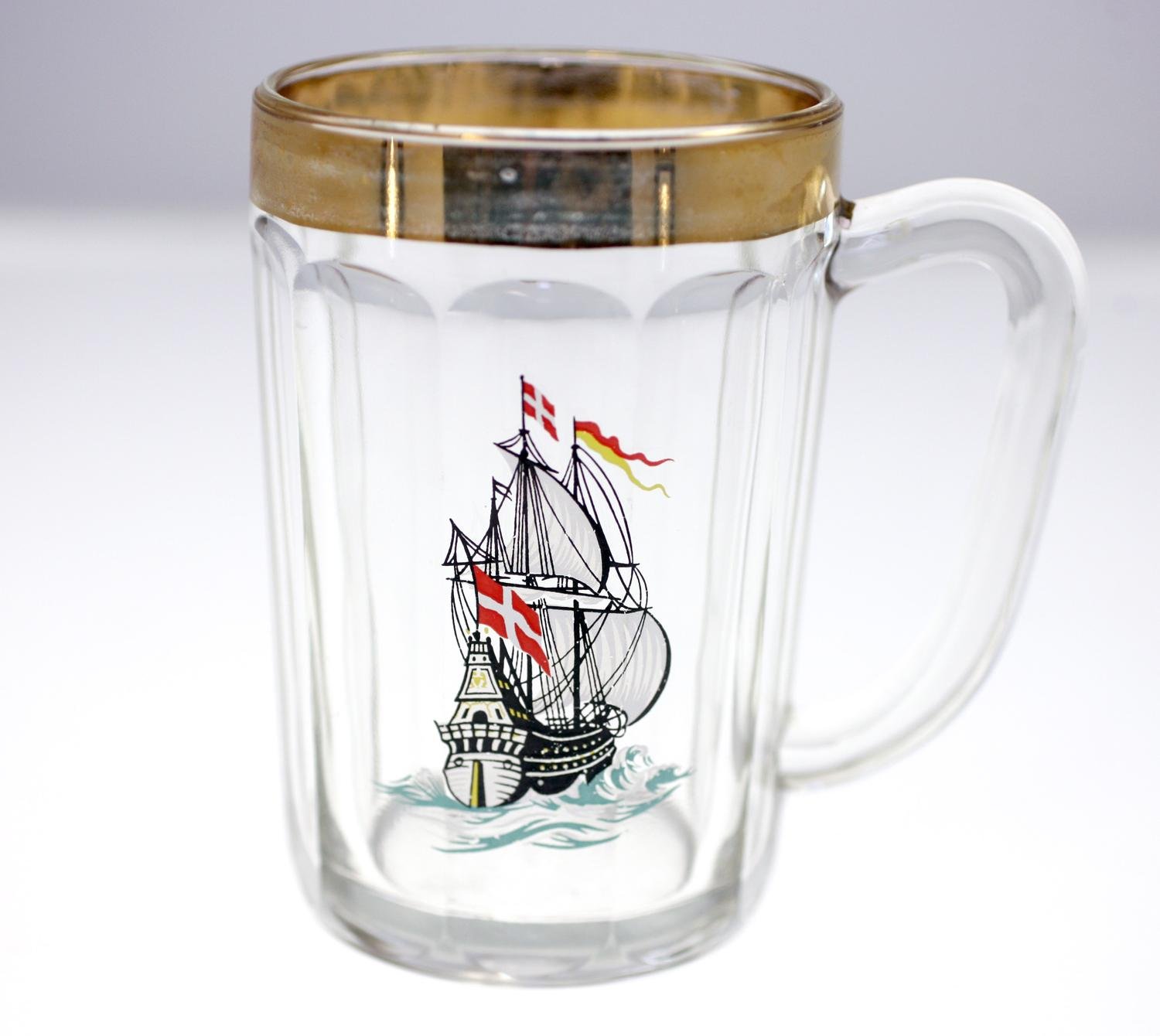 Danish vintage glass tankard-Danish galleon ship detail-circa 1960s-Weight 562g