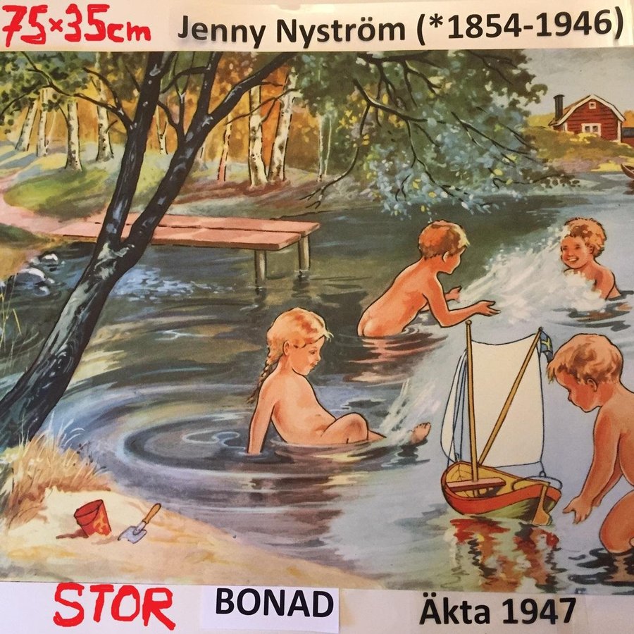 JENNY NYSTRÖM: tidlös PappersBONAD Badviksbarnen Äkta 1947 75x33