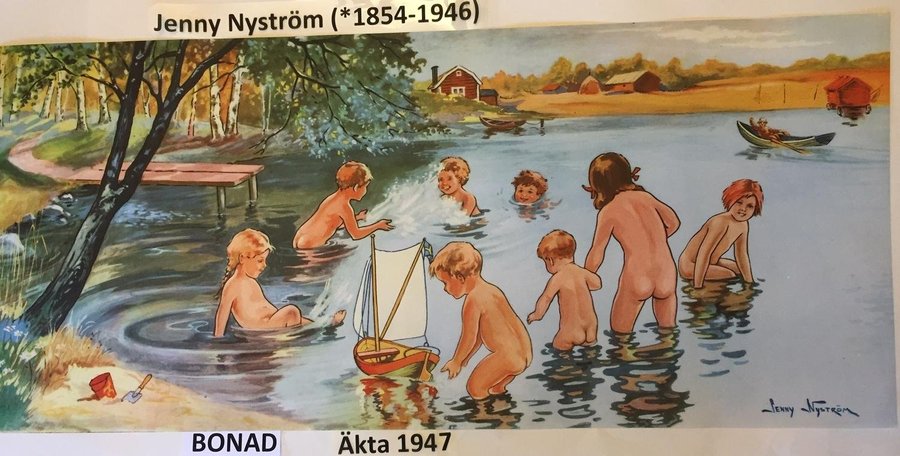 JENNY NYSTRÖM: tidlös PappersBONAD Badviksbarnen Äkta 1947 75x33