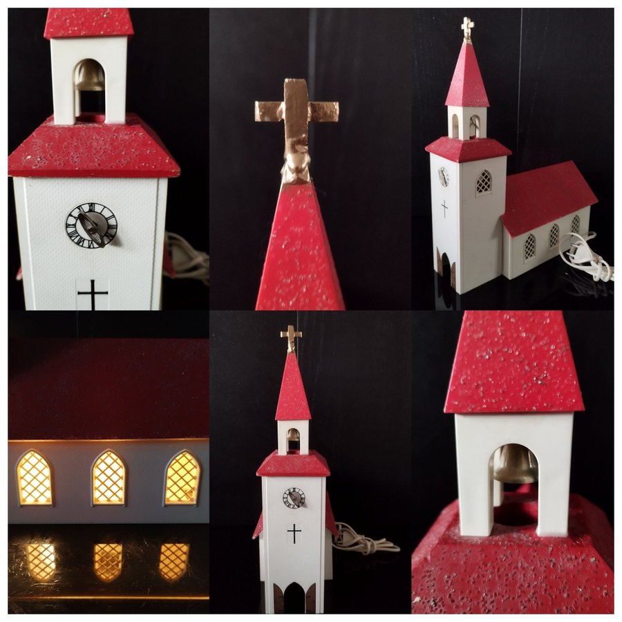 Retro- Julkyrka adventskyrka med belysning samt spelverk röd färg.