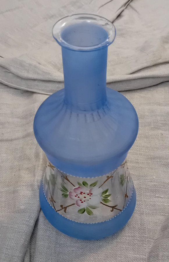 ÄLDRE MURANO HANDBLÅST HANDMÅLAD FLASKA VAS FROSTAT GLAS FINT SKICK VINTAGE MURA