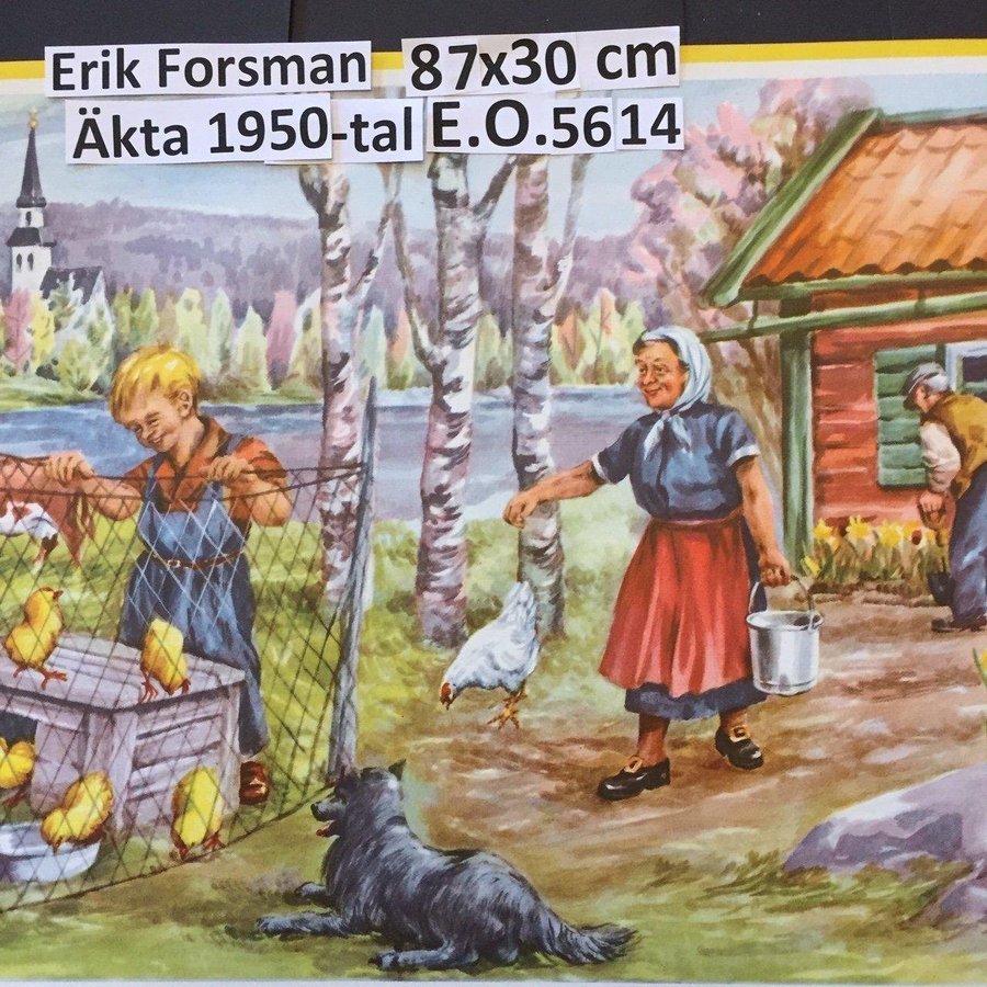 Erik FORSMAN-bonad: Vårsysslor hink EO5614=År1956STOR Pappersbonad 87x30cm