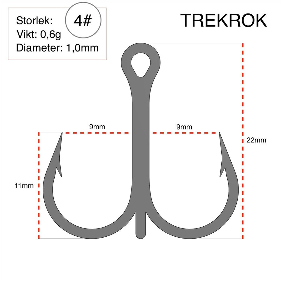 10st Fiskekrokar (Trekrok) Storlek: 4# - RÖD