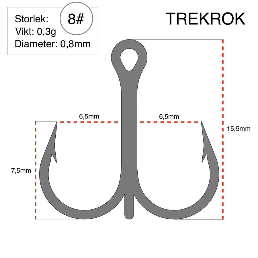 10st Fiskekrokar (Trekrok) Storlek: 8# - RÖD