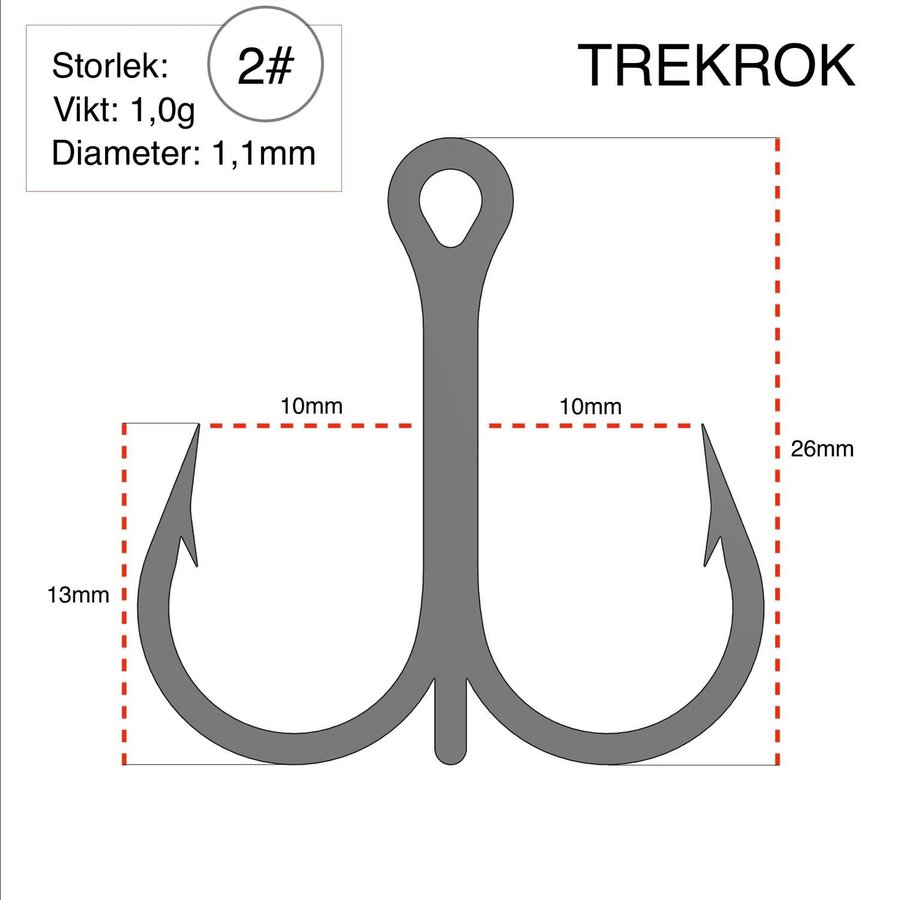 10st Fiskekrokar (Trekrok) Storlek: 2# - RÖD