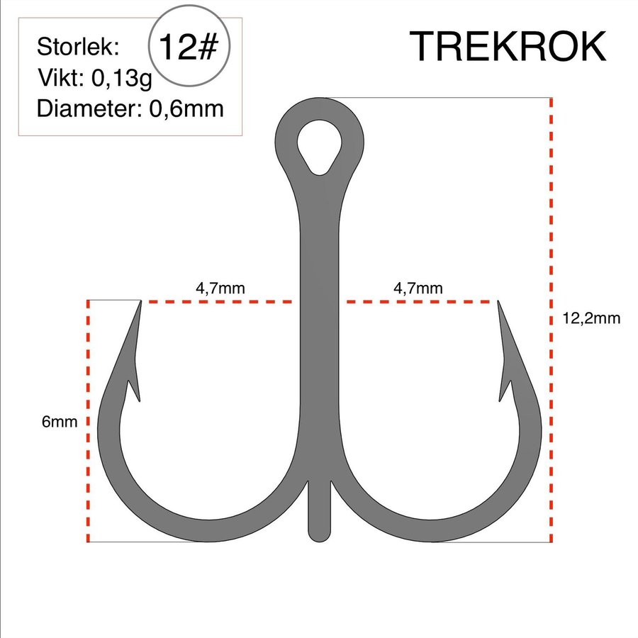 10st Fiskekrokar (Trekrok) Storlek: 12# - SVART