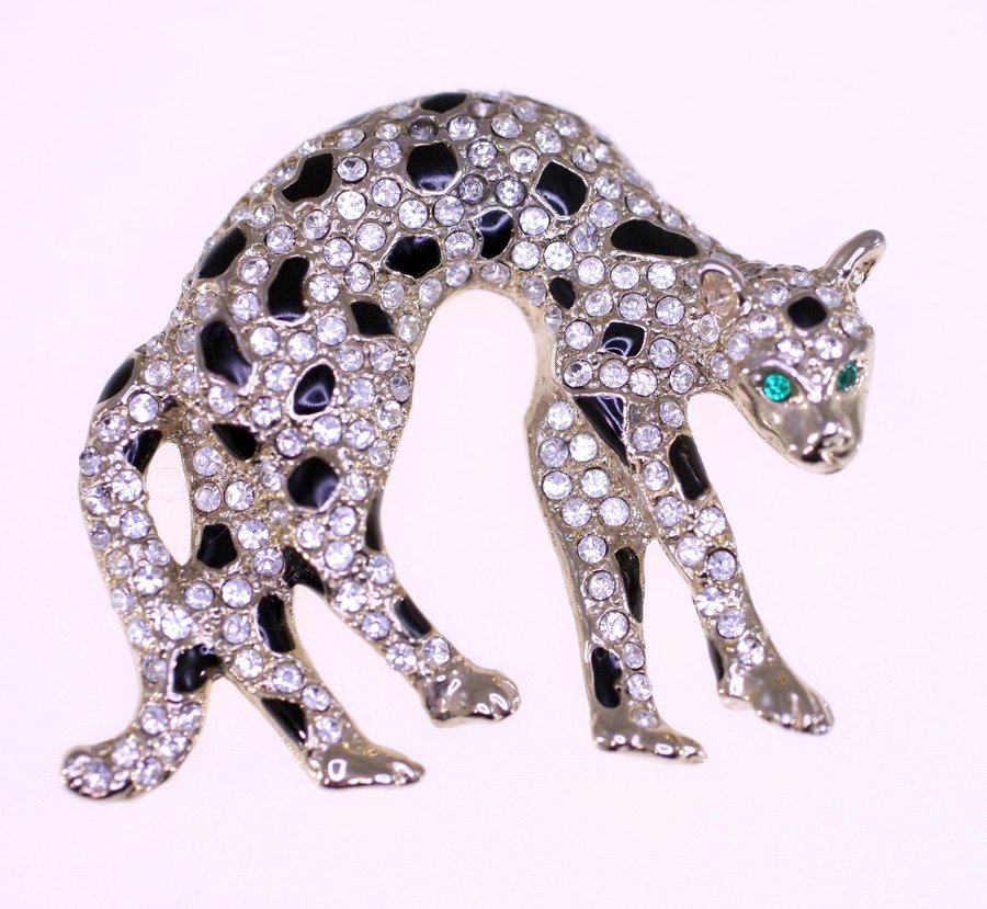 Vintage cat brooch inset with black enamel and clear/green stones-circa 1980s UK