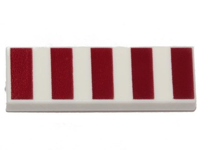 White Tile 1 x 3 with 5 Dark Red Stripes Pattern - LEGO - 63864pb188