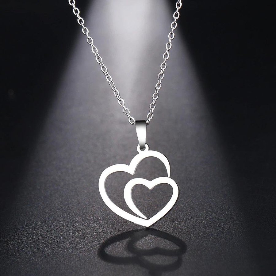 Snygg hjärta halsband silverpläterad stål 316L dubbla hjärtan St Valentin love