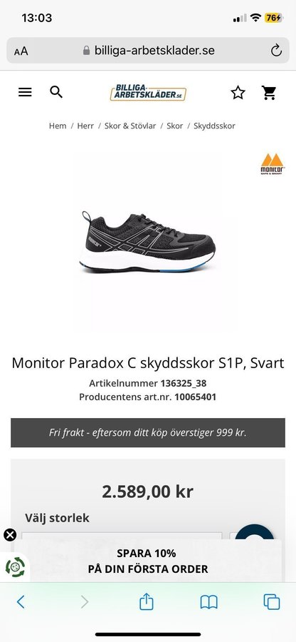 Monitor Paradox C Svart skyddsskor arbetsskor storlek 45