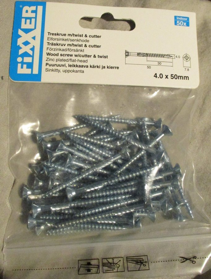 250 st oanvända försänkt förzinkad träskruv m/twist  cutter 4,0x50 mm. Torx 20.