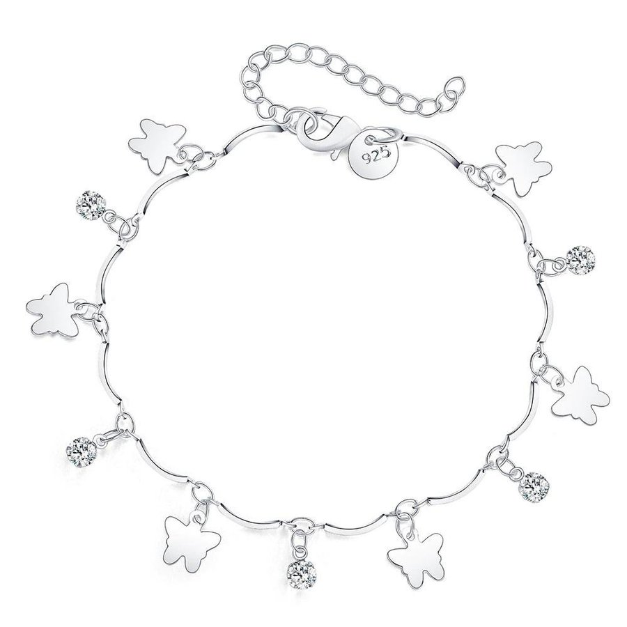 Elegant Sterling silver armband 925 stämplad fjärilar kristall berlock pläterad