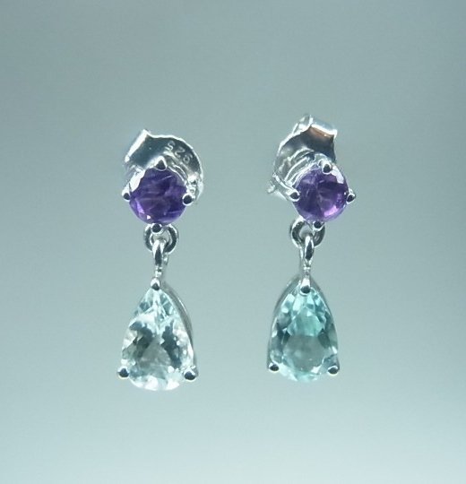 DESIGNER AMETYST OCH BLÅ TOPAZ ÖRHÄNGEN SILVER 925 / AMETHYST UND TOPAS OHRRINGE