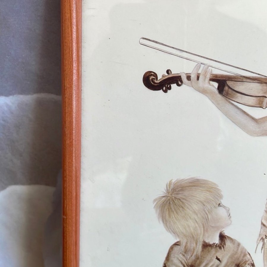 Retro två barn Violin av Margaret Kane Print Cut Inramat Glas Vintage 