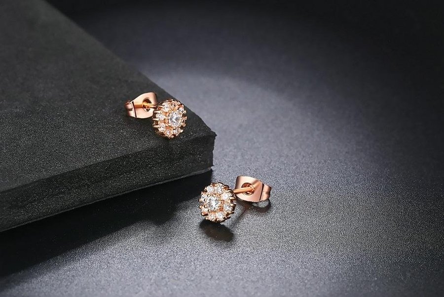 14K ROSÉGULD pläterade örhängen cubic zirconia CZ röd guld stiftörhängen blomma