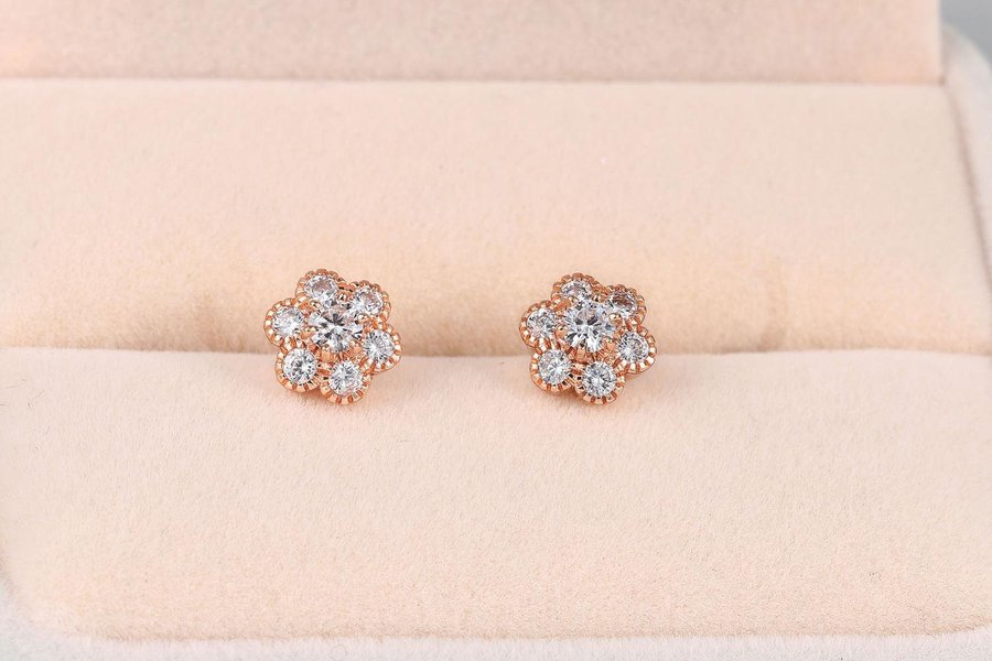 14K ROSÉGULD pläterade örhängen cubic zirconia CZ röd guld stiftörhängen blomma