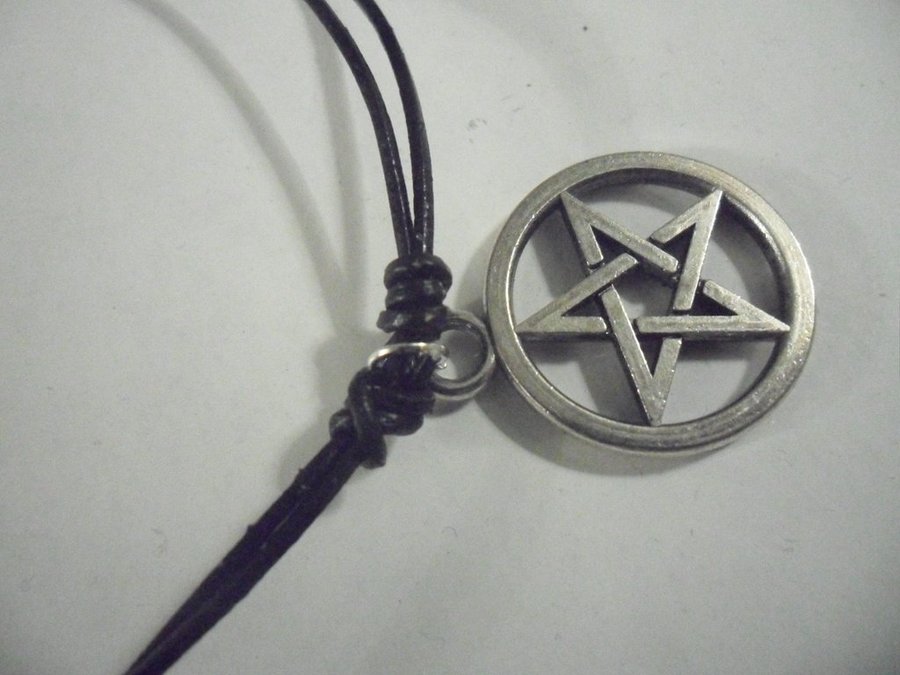 Handgjord Ställbar Svart läder halsband med pentagram hänge i tibet silver