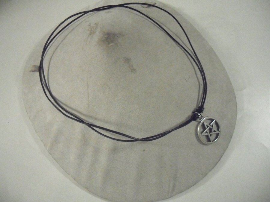 Handgjord Ställbar Svart läder halsband med pentagram hänge i tibet silver