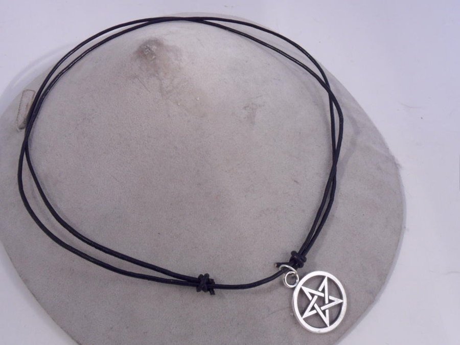 Handgjord Ställbar Svart läder halsband med pentagram hänge i tibet silver