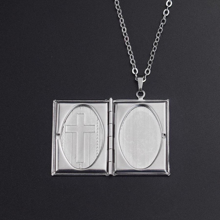 Halsband öppningsbar medaljong silverpläterad stål kors 50cm kedja jul himlen