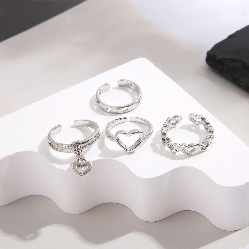 4st SET snygga ringar justerbar hjärta silverfärg trendig ring flerpack kristall